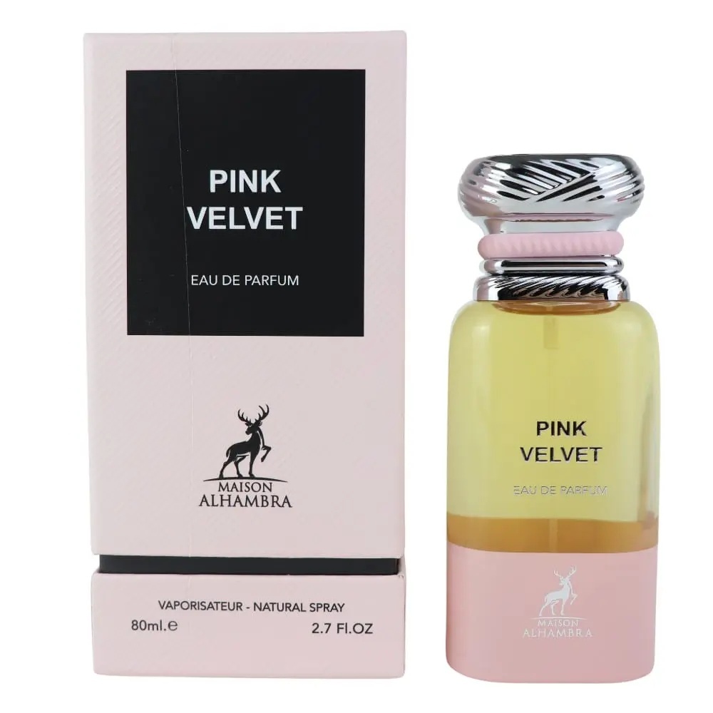 Parfum Arăbesc Maison Alhambra Pink Velvet 80 ml damă, apă de parfum cu flacon roz elegant și cutie premium