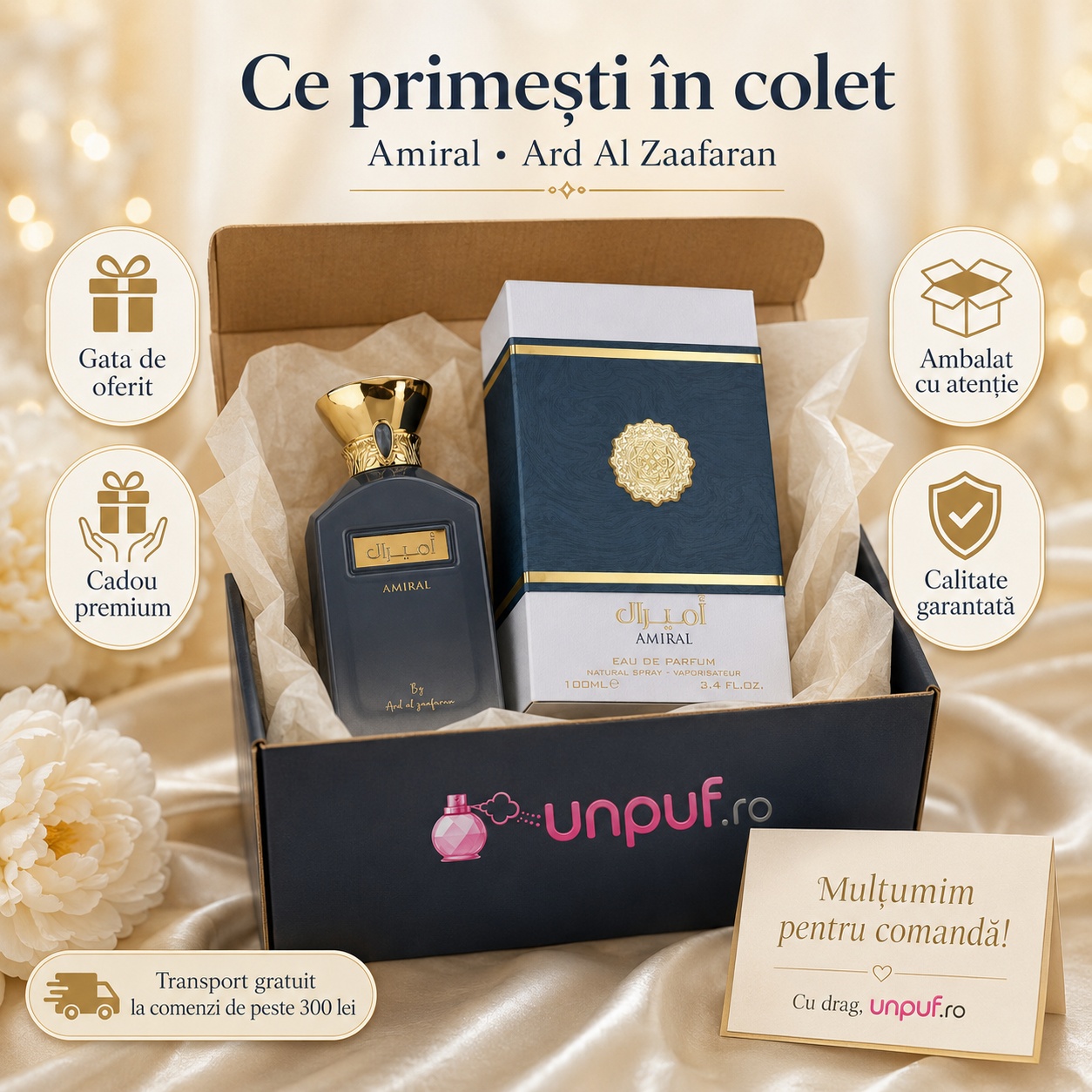 Ce primești &icirc;n colet Amiral Ard Al Zaafaran 100 ml parfum arăbesc ambalat cu atenție, gata de oferit cadou