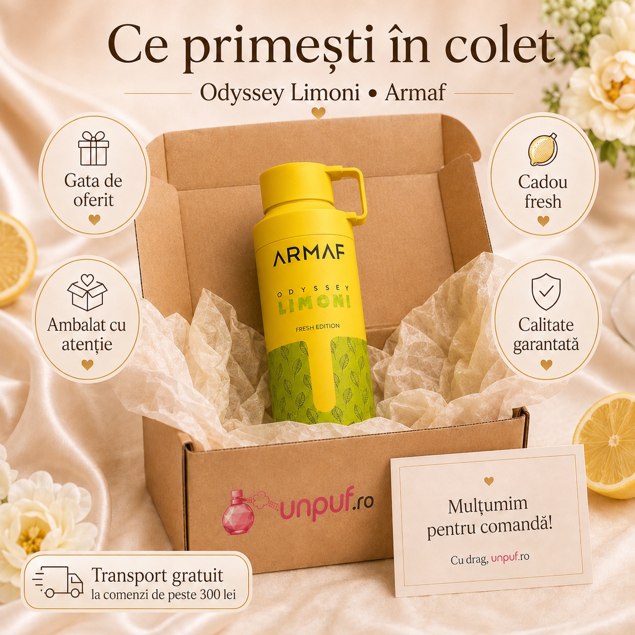 Ce primești în colet la Armaf Odyssey Limoni Fresh Edition, ambalaj premium UnPuf.ro