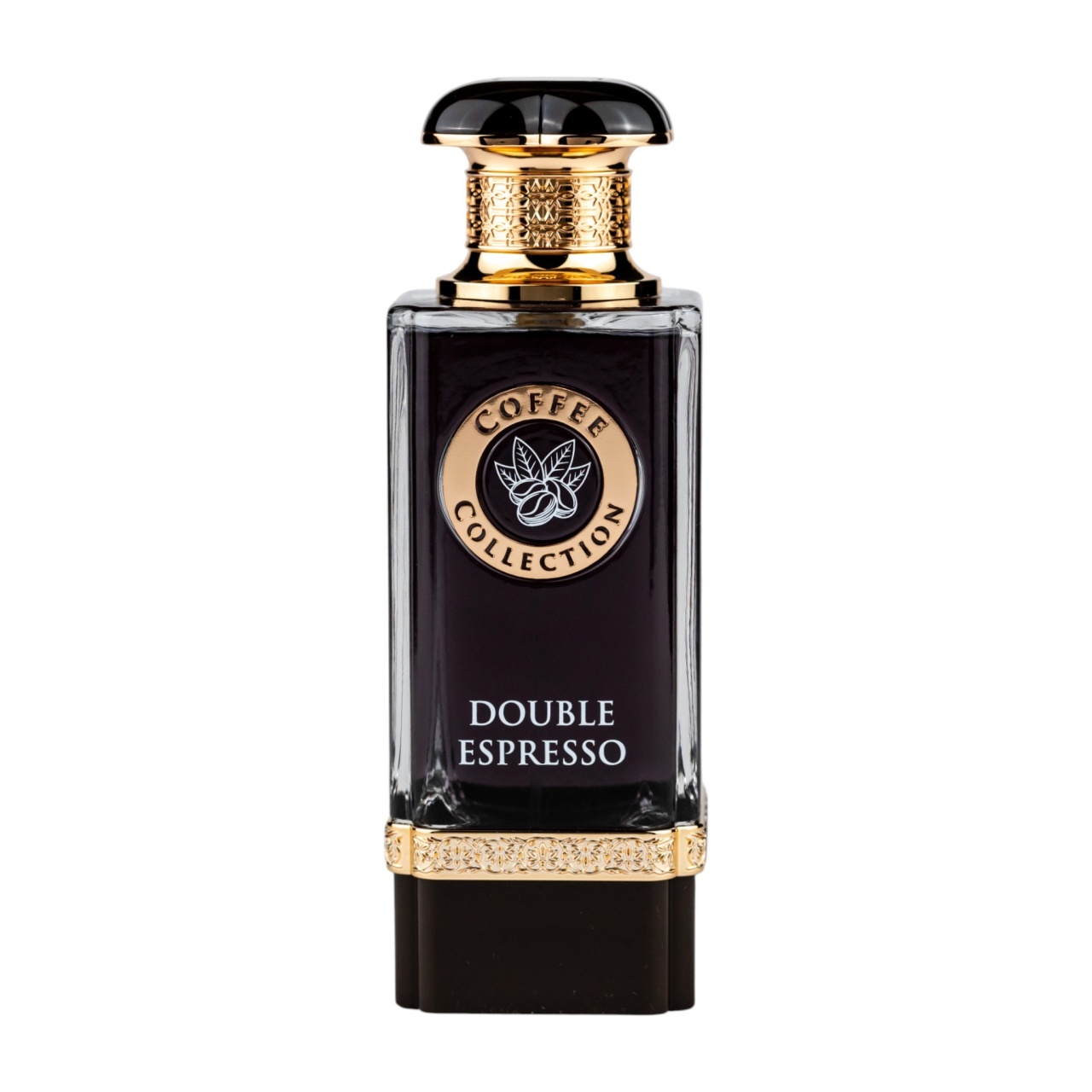Flacon original Double Espresso Fragrance World 100 ml parfum unisex cu lichid &icirc;nchis și detalii aurii