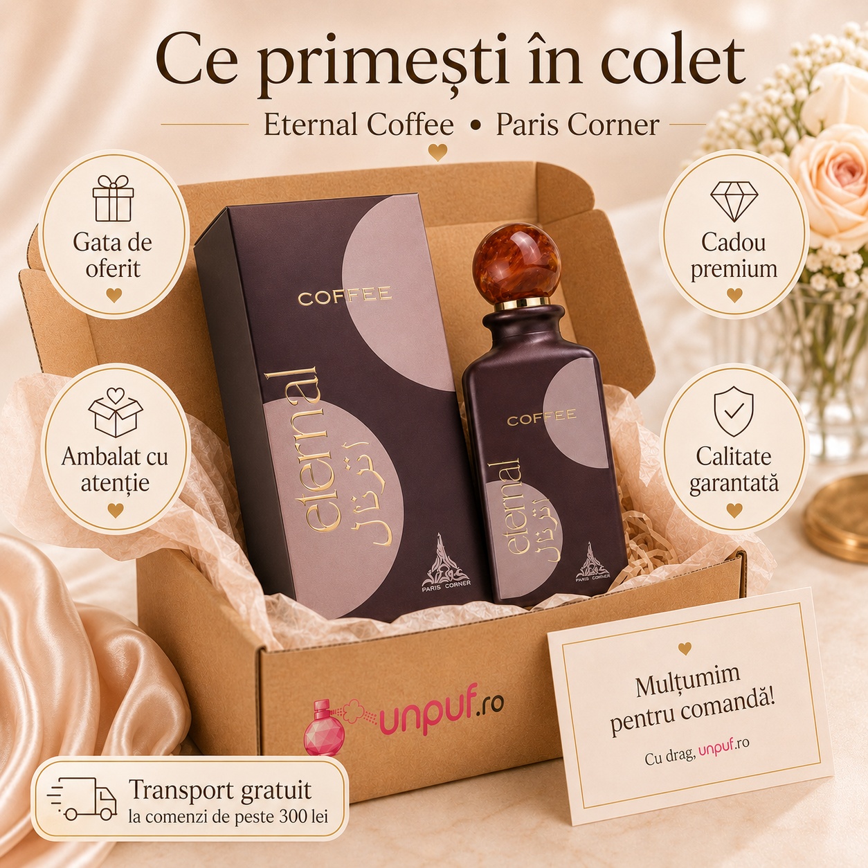 Ce primești &icirc;n colet Eternal Coffee Paris Corner 85 ml parfum original, cutie premium, ambalare atentă și cadou premium