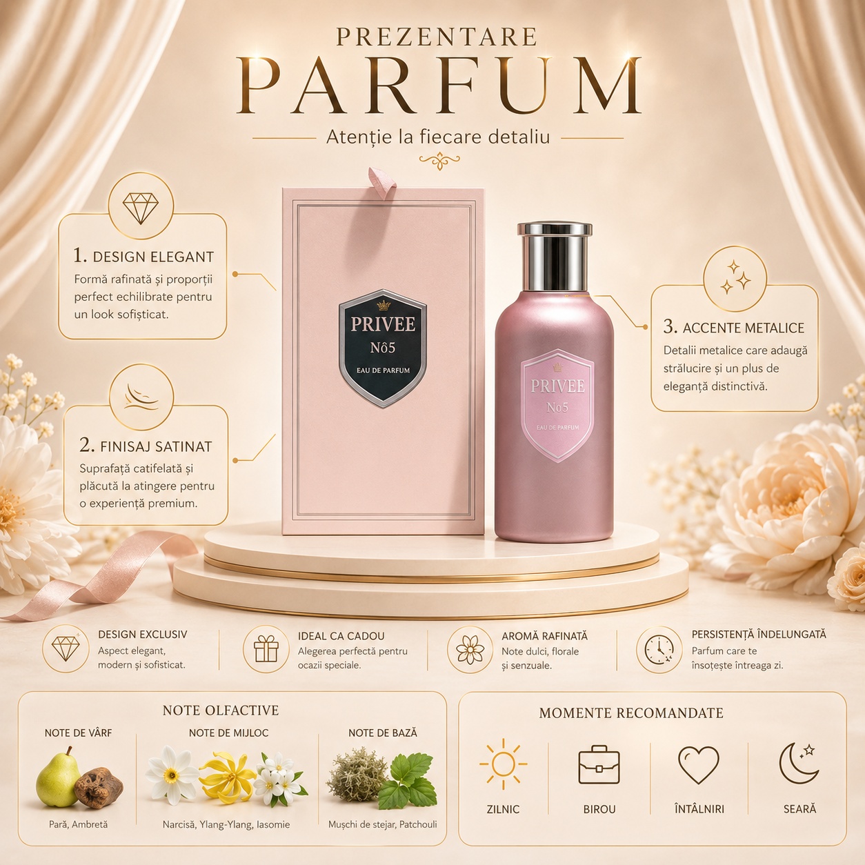 Prezentare parfum Flavia Privee No5 cu design elegant, flacon satinat, accente metalice și note olfactive
