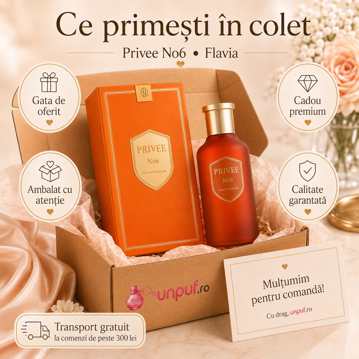 Ce primești în colet Flavia Privee No6 100 ml, parfum original, ambalat cu atenție și cadou premium