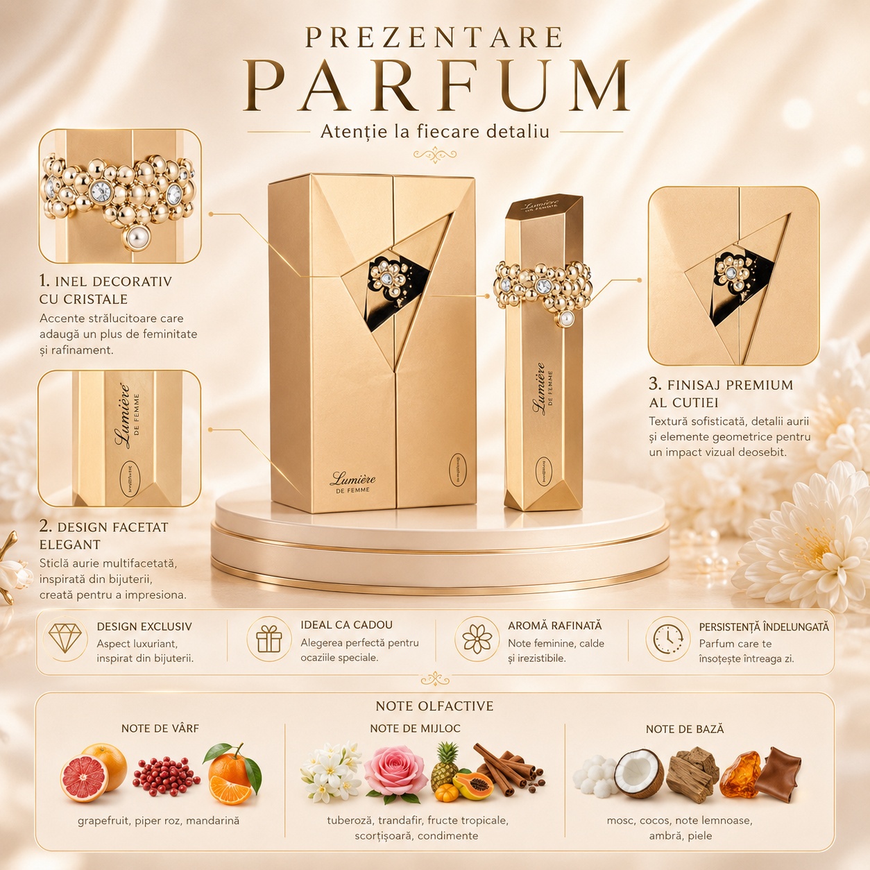 Prezentare parfum Flavia Lumine cu note de grapefruit, mandarină, piper roz, ananas, scorțișoară, condimente, lemn, piele și ambră