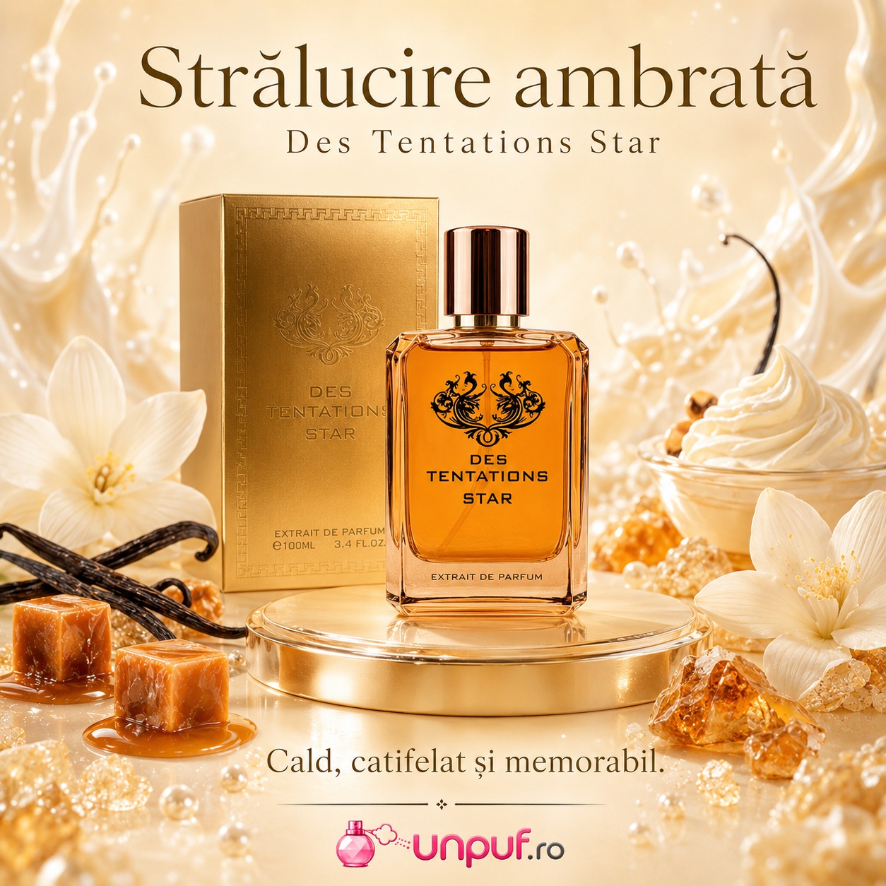 Strălucire ambrată Fragrance World Des Tentation Star cu note de caramel, vanilie, flori și acorduri calde