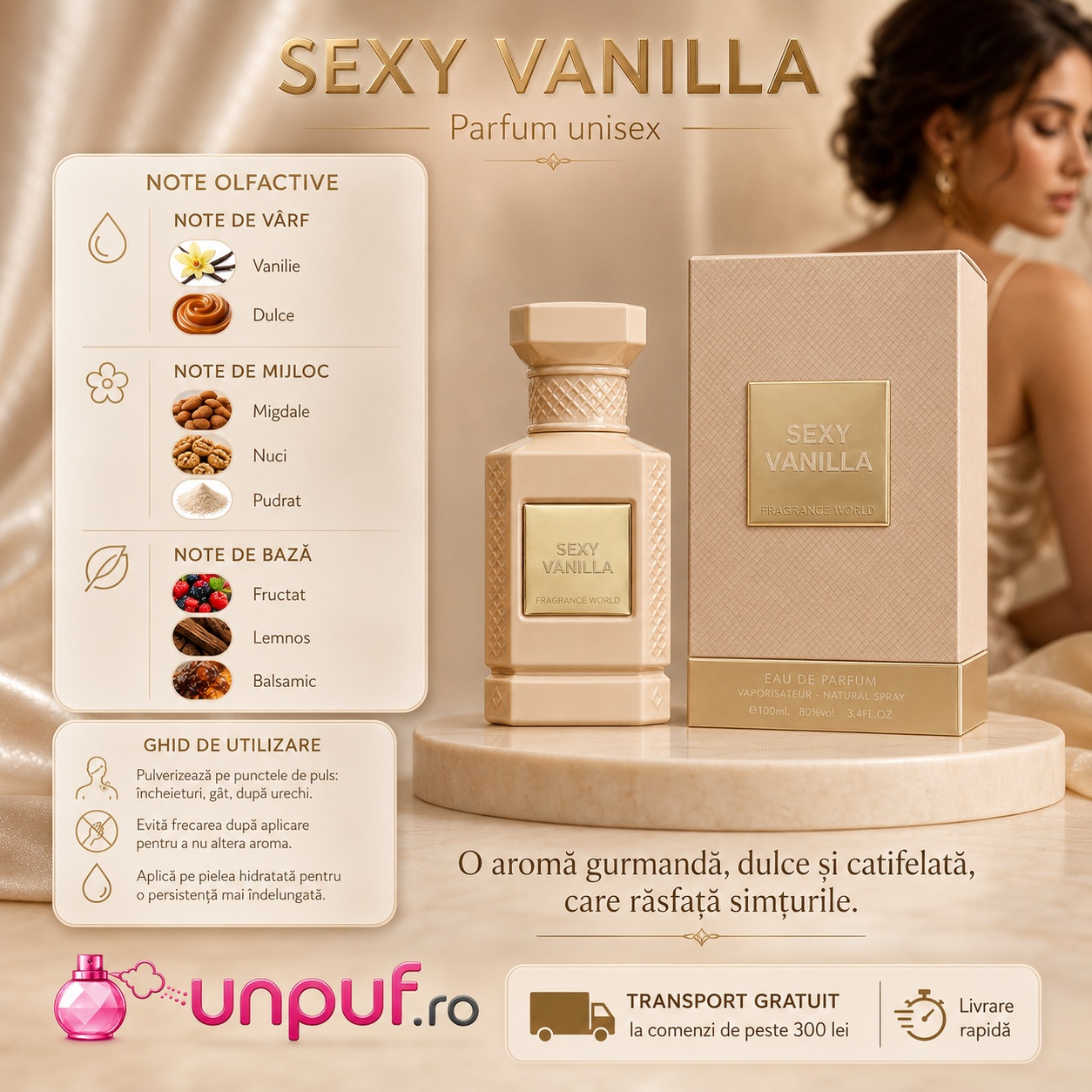 Profil olfactiv Sexy Vanilla cu note dulci, vanilate, nucate, pudrate, fructate și lemnoase