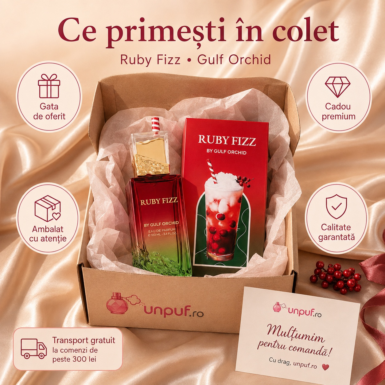 Ce primești în colet la Gulf Orchid Ruby Fizz Eau de Parfum 100ml, ambalaj premium UnPuf.ro