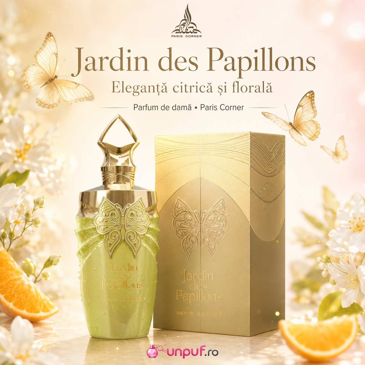 Jardin Des Papillons Paris Corner eleganță citrică și florală, parfum cu flori albe, portocală, fluturi aurii și cutie premium