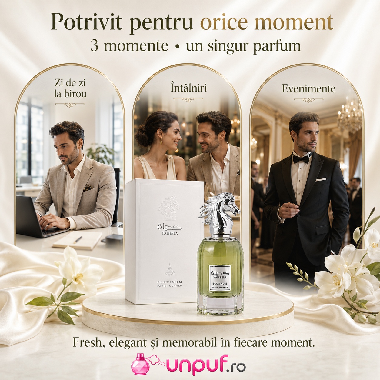 Kaheela Platinum potrivit pentru zi de zi la birou, &icirc;nt&acirc;lniri și evenimente, parfum fresh elegant și memorabil &icirc;n fiecare moment
