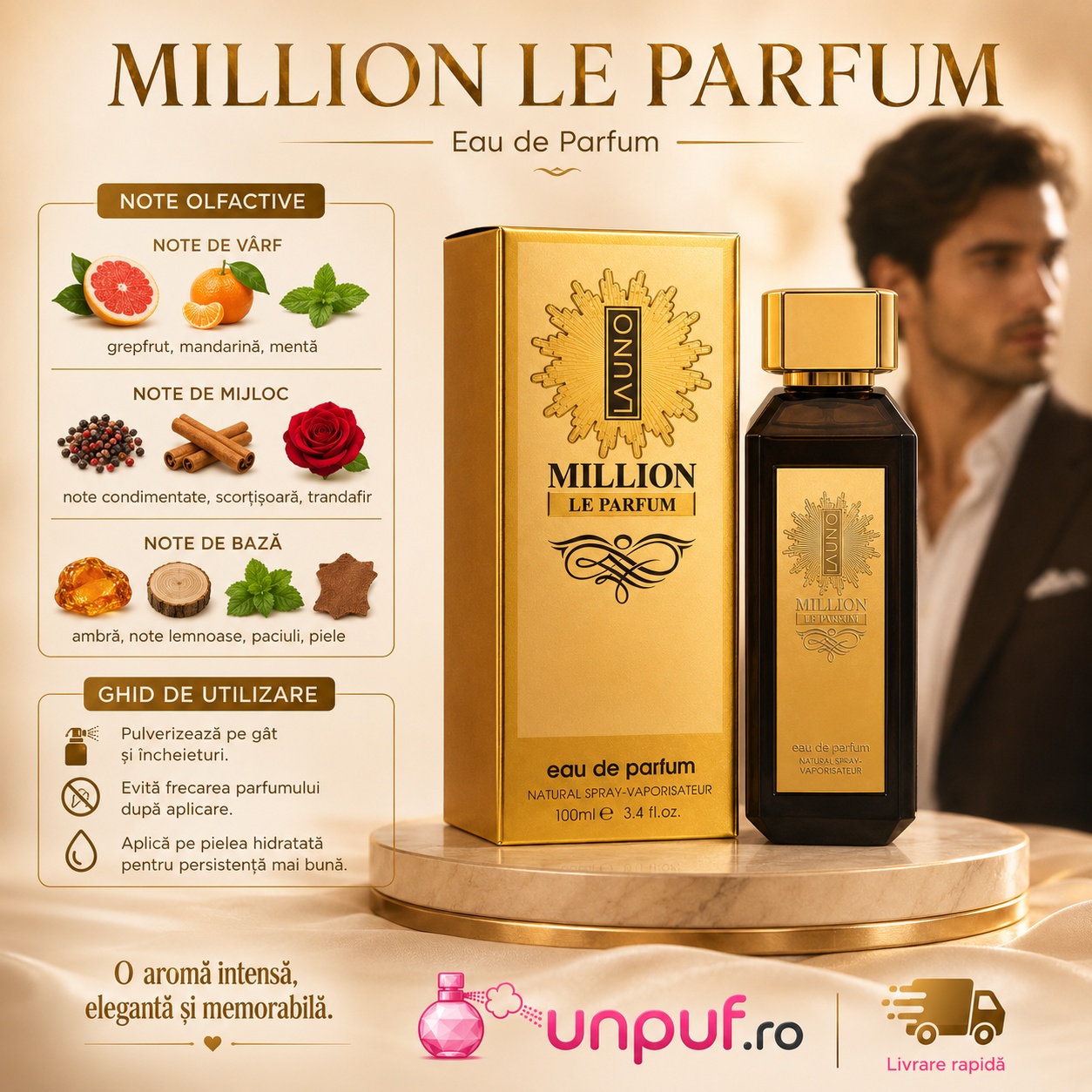 La Uno Million Le Parfum Fragrance World 100 ml, parfum arabesc pentru bărbați cu aromă de pielărie condimentată