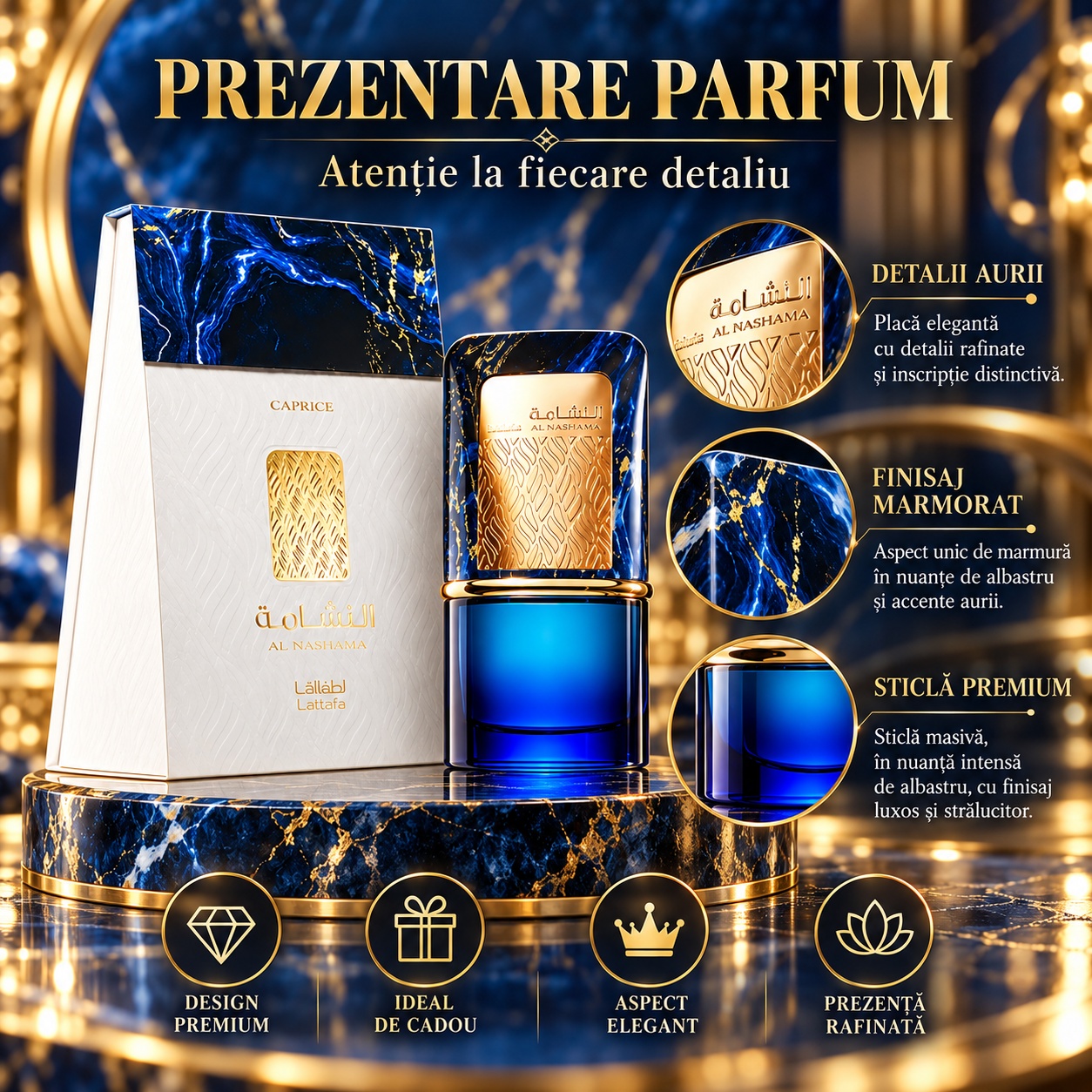 Prezentare Lattafa Al Nashama Caprice 100 ml cu design premium flacon albastru detalii aurii și cutie elegantă