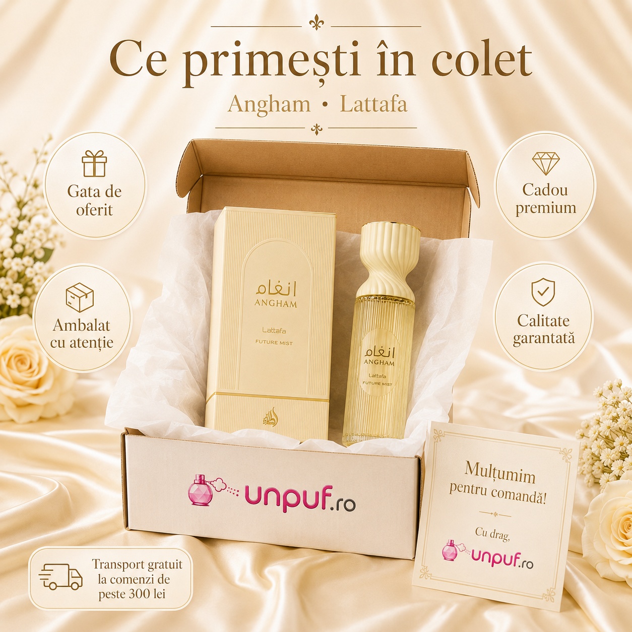 Ce primești în colet Lattafa Angham Mist 250 ml, parfum original ambalat cu atenție și cadou premium