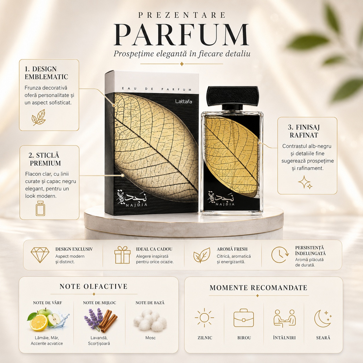Prezentare parfum Lattafa Najdia cu note olfactive apă, lăm&acirc;ie, măr, lavandă, scorțișoară și mosc