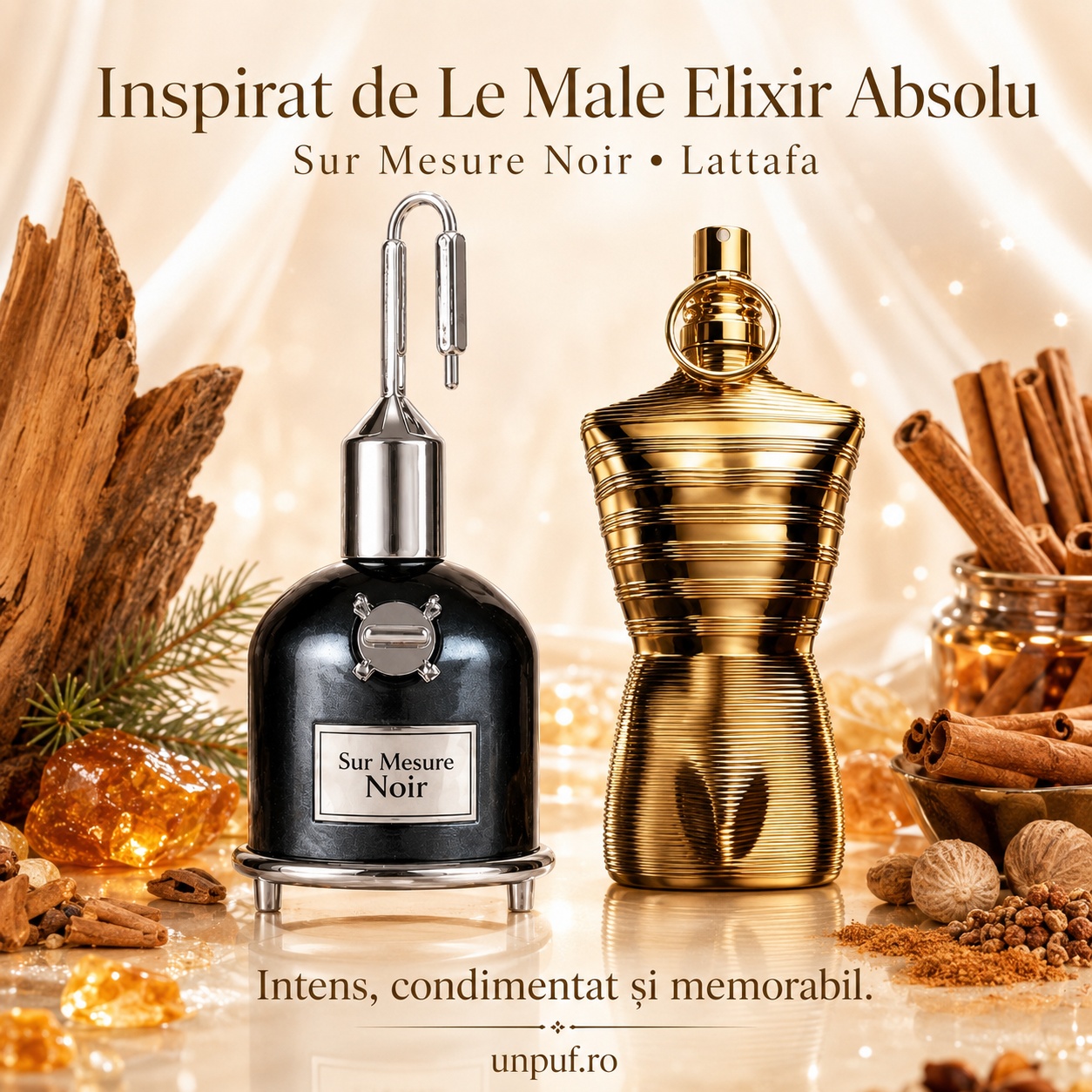 Lattafa Pride Sur Mesure Noir inspirat din Le Male Elixir Absolu, parfum intens lemnos și condimentat