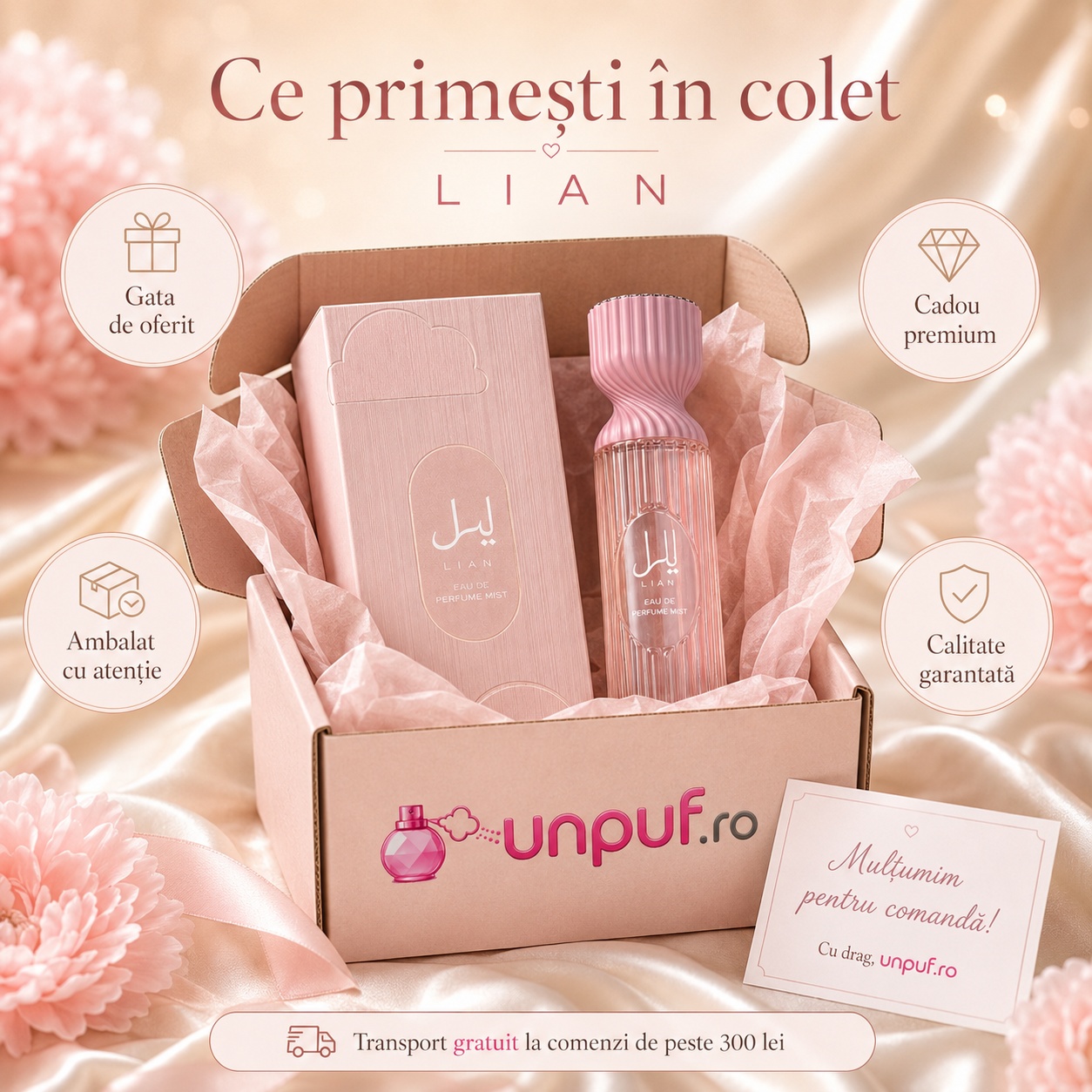 Ce primești în colet Lattafa Yara Mist 250 ml, parfum original, ambalat cu atenție și cadou premium