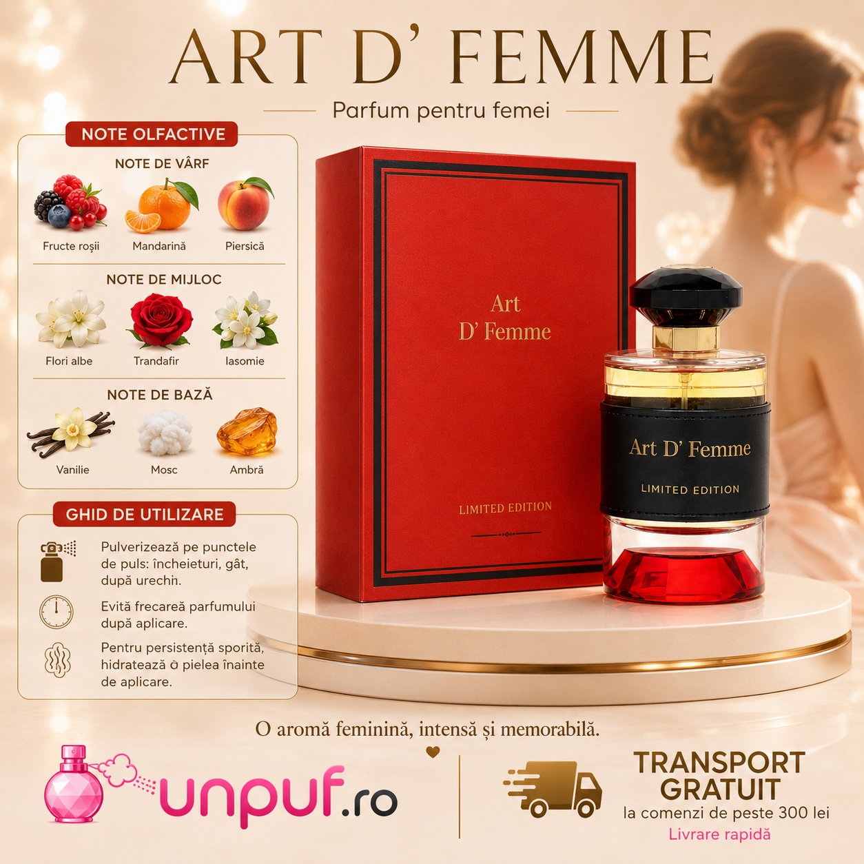 Profil olfactiv Le Vogue Art D Femme cu fructe roșii, mandarină, piersică, flori albe, trandafir, iasomie, vanilie, mosc și ambră