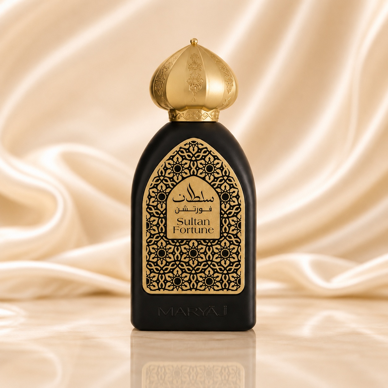 Flacon Maryaj Sultan Fortune 100 ml negru mat cu capac auriu regal și detalii orientale