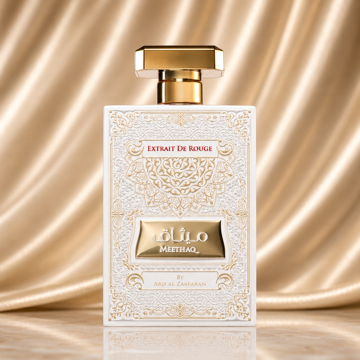 Sticlă parfum Meethaq Extrait de Rouge Ard Al Zaafaran 100 ml cu design alb auriu și accent roșu