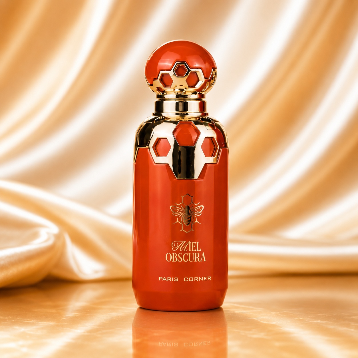 Sticlă parfum Miel Obscura Paris Corner 100 ml cu design roșu portocaliu și detalii aurii