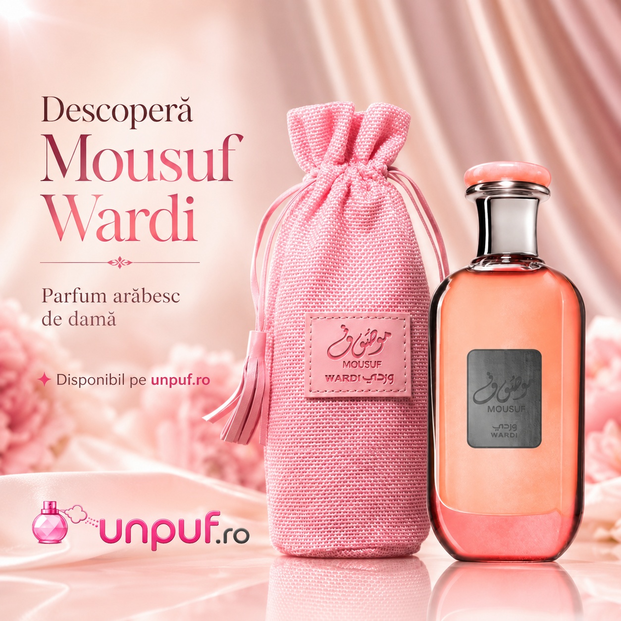 Descoperă Mousuf Wardi parfum arăbesc de damă cu flacon roz și săculeț textil premium