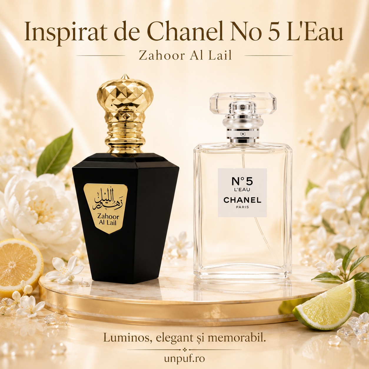 My Perfumes Zahoor Al Lail inspirat vizual de Chanel No 5 L’Eau, parfum luminos, elegant și memorabil