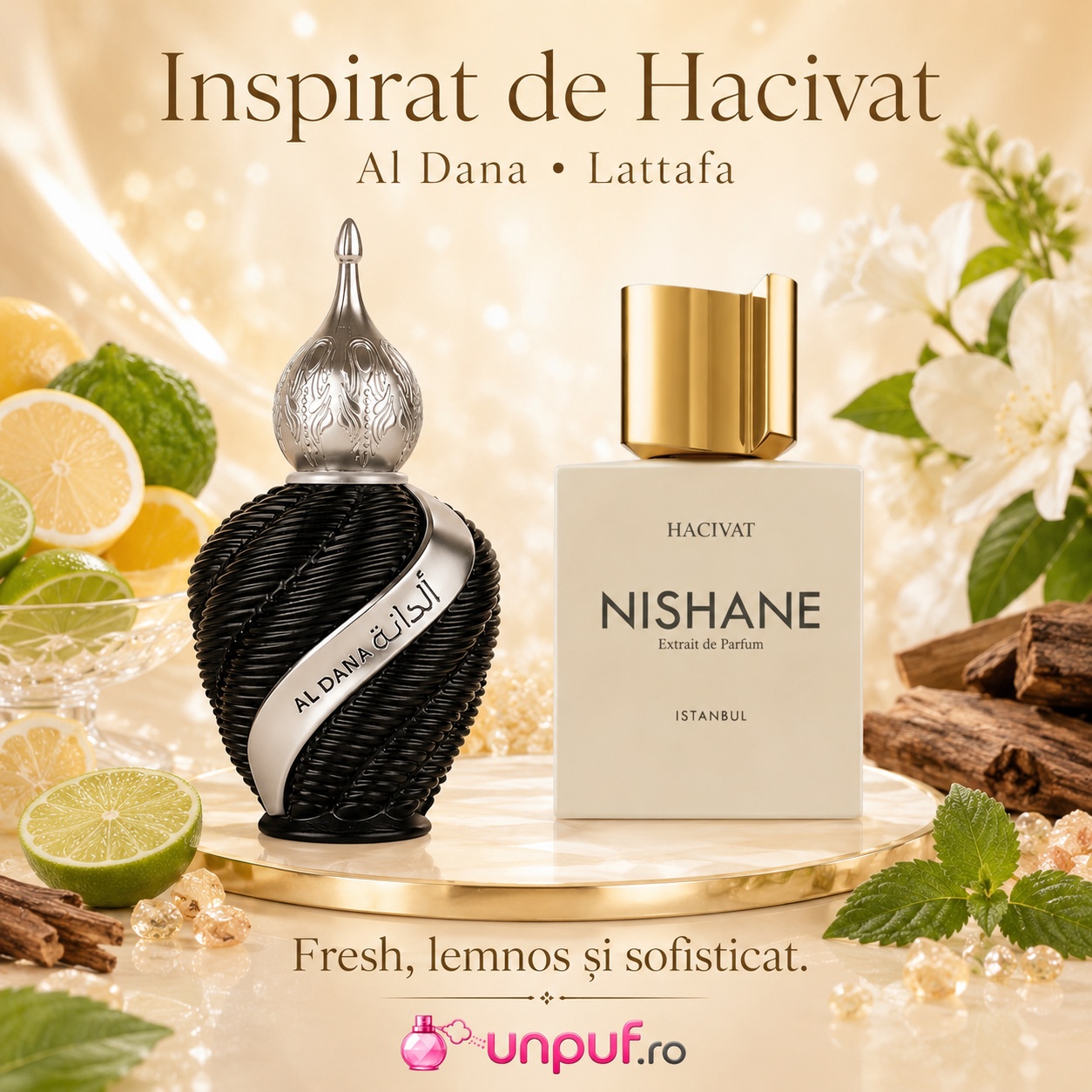 Niche Emarati Al Dana inspirat de Hacivat, parfum fresh, lemnos și sofisticat