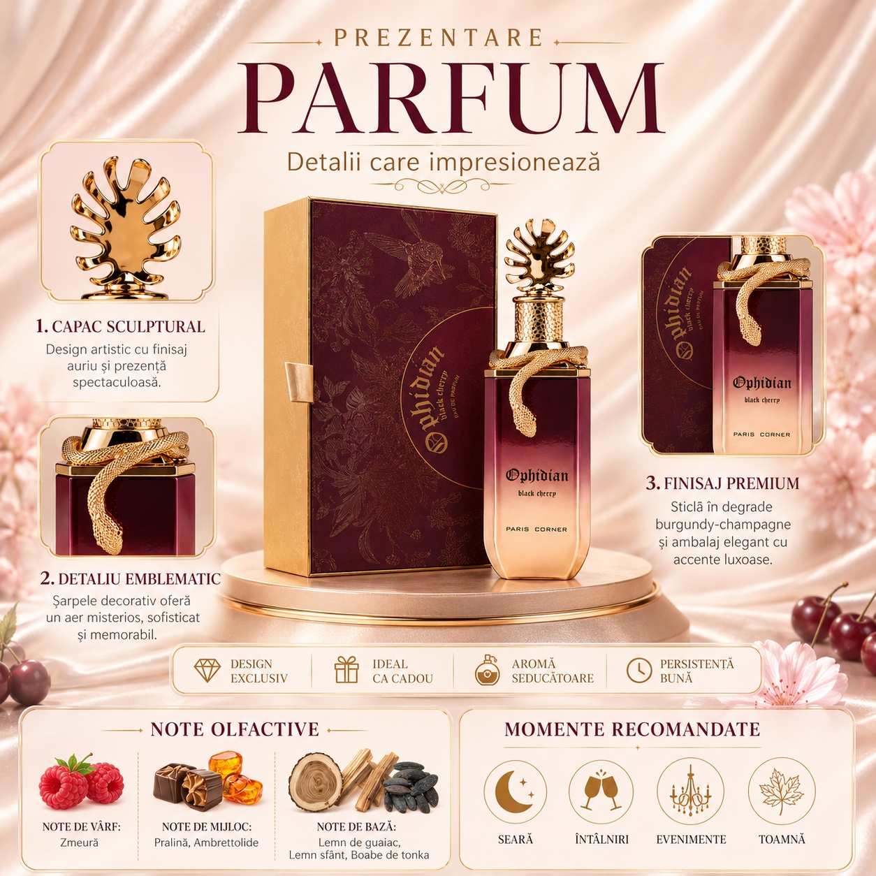 Ophidian Black Cherry Paris Corner prezentare parfum detalii flacon capac sculptural și note olfactive