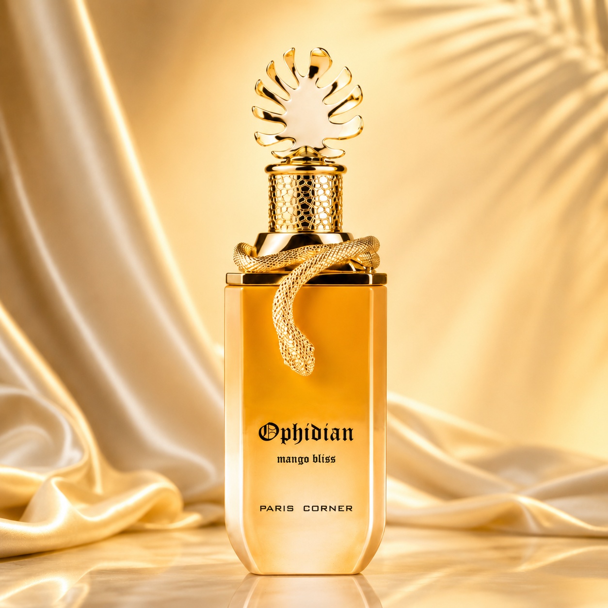 Sticlă parfum Ophidian Mango Bliss Paris Corner 100 ml cu design galben mango și detalii aurii