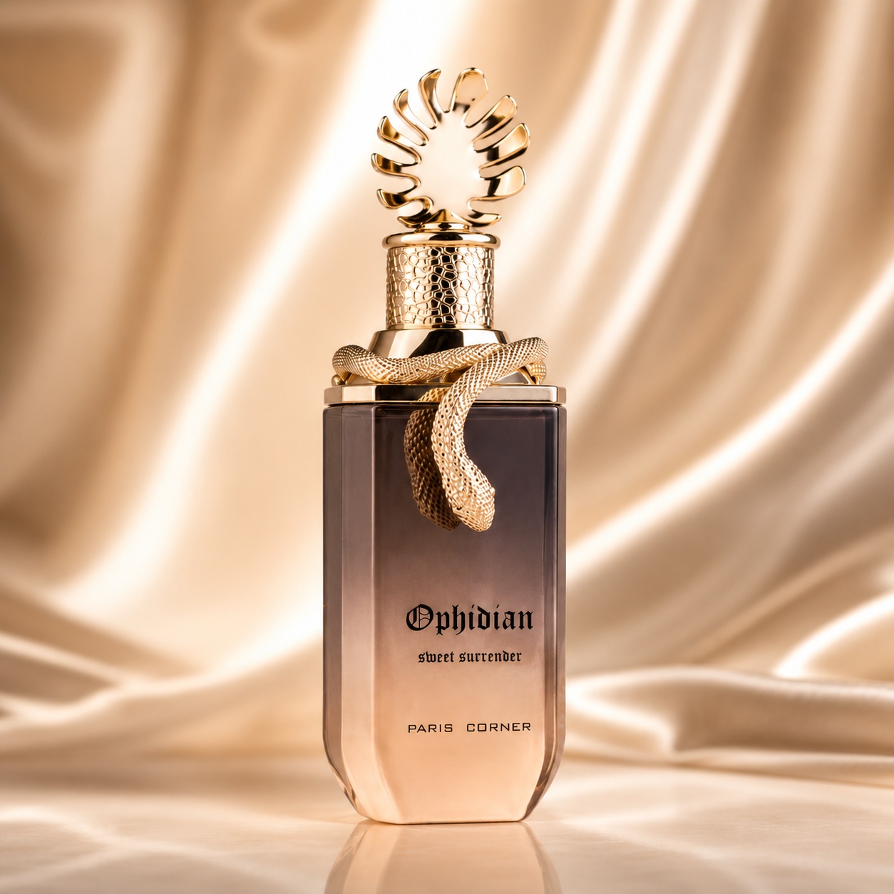 Sticlă parfum Ophidian Sweet Surrender Paris Corner 100 ml cu design champagne maro și capac auriu sculptural