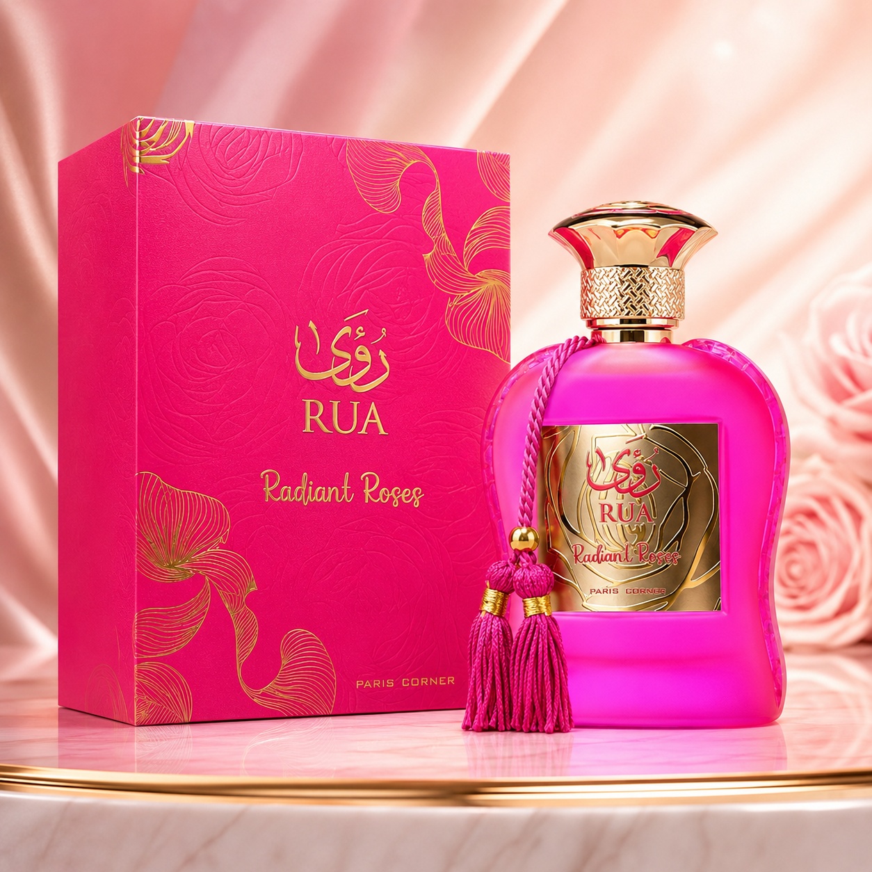 Parfum Arăbesc Rua Radiant Roses Paris Corner 100 ml Apă de Parfum Damă cu sticlă fuchsia și cutie roz aurie