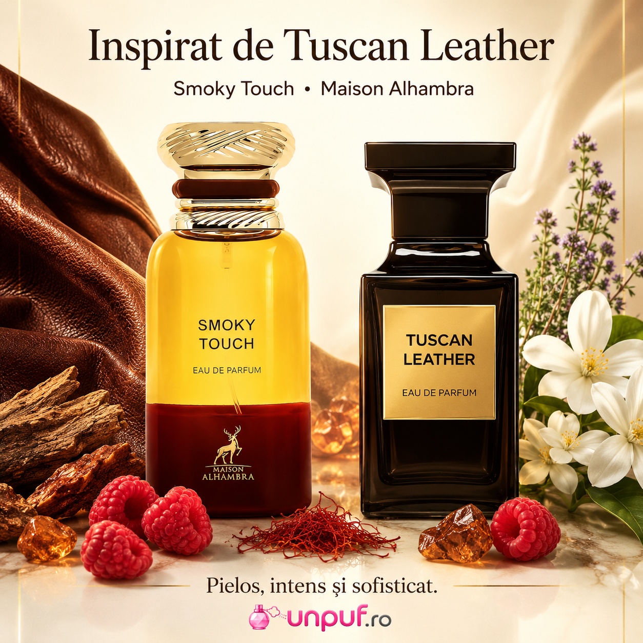 Parfum Smoky Touch Maison Alhambra inspirat de Tuscan Leather, intens, pielos, fumuriu și sofisticat