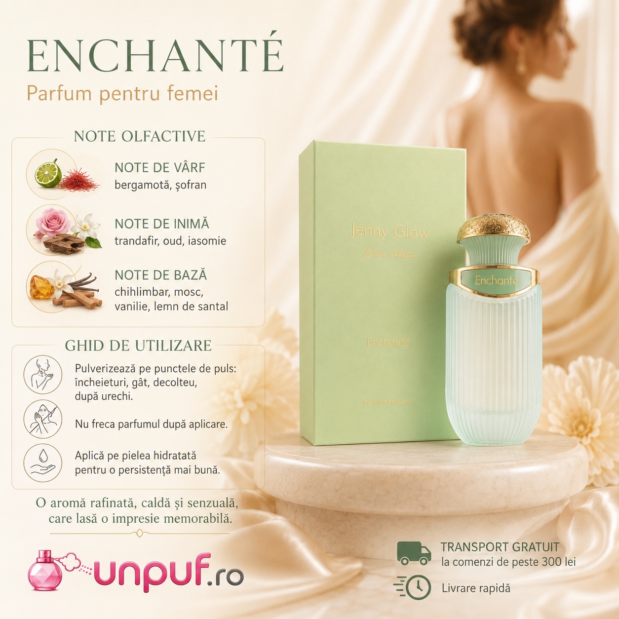 Note olfactive Sterling Enchante By Jenny Glow cu bergamotă șofran trandafir oud iasomie chihlimbar mosc vanilie și lemn de santal
