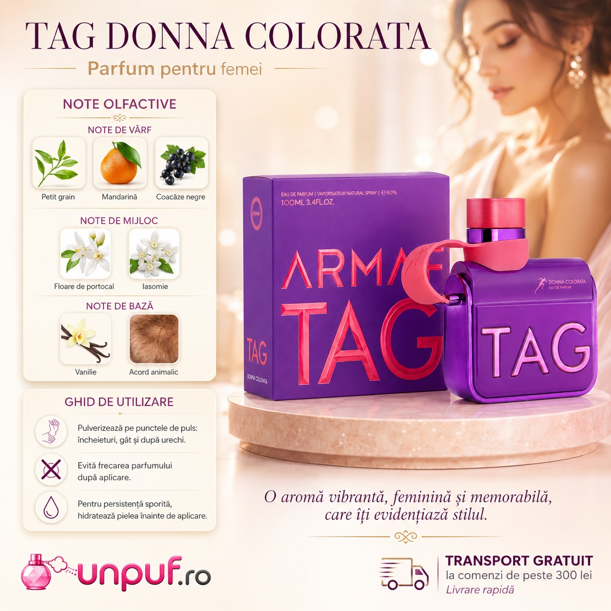 Tag Her Donna Colorata Armaf parfum pentru femei cu note olfactive florale fructate și vanilate