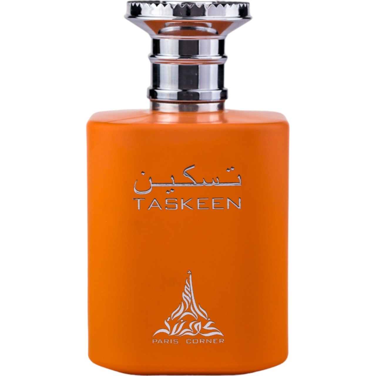 Taskeen Paris Corner 100 ml sticlă parfum portocalie pe fundal alb