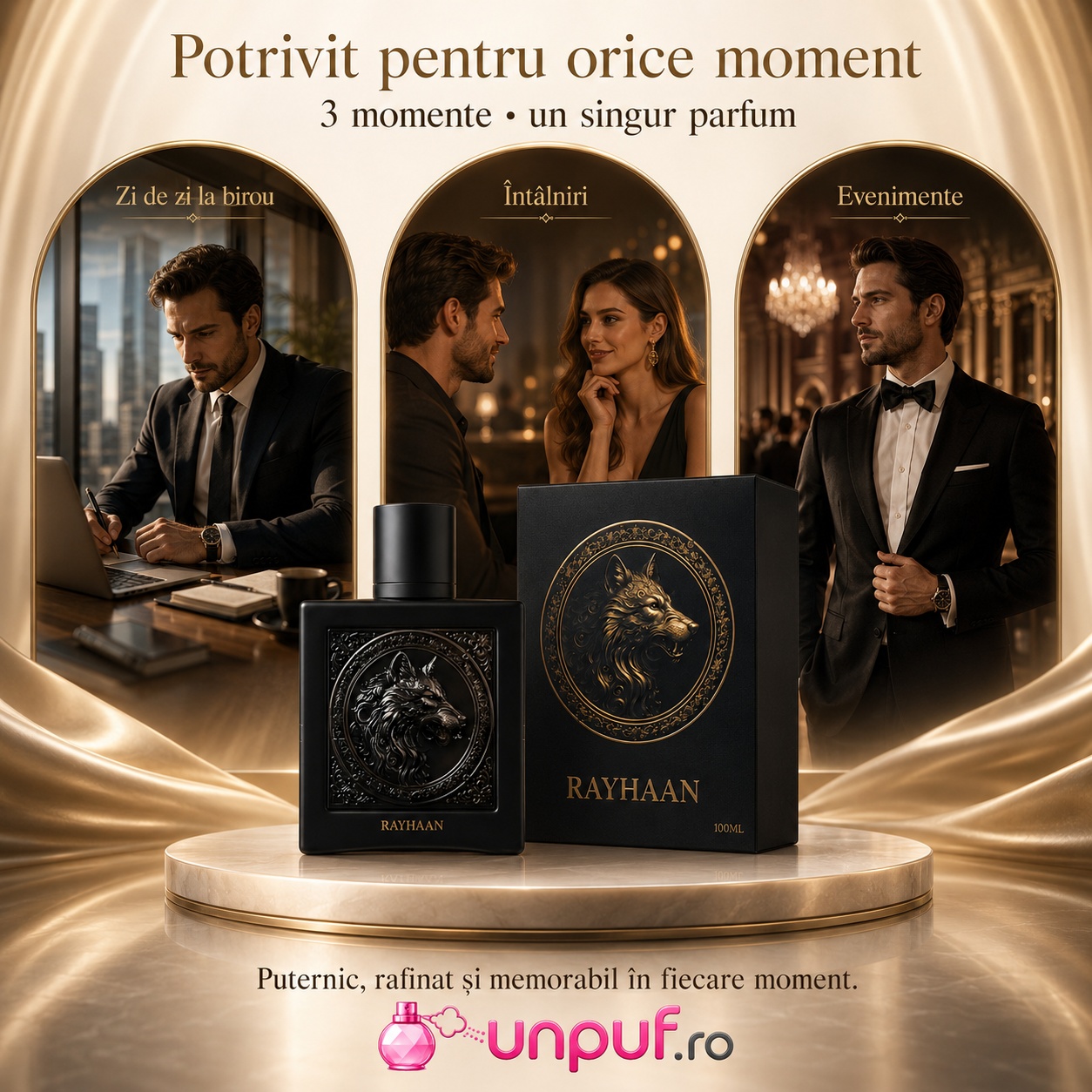 Parfum Wolf Rayhaan potrivit pentru zi de zi, birou, &icirc;nt&acirc;lniri și evenimente, aromă puternică, rafinată și memorabilă