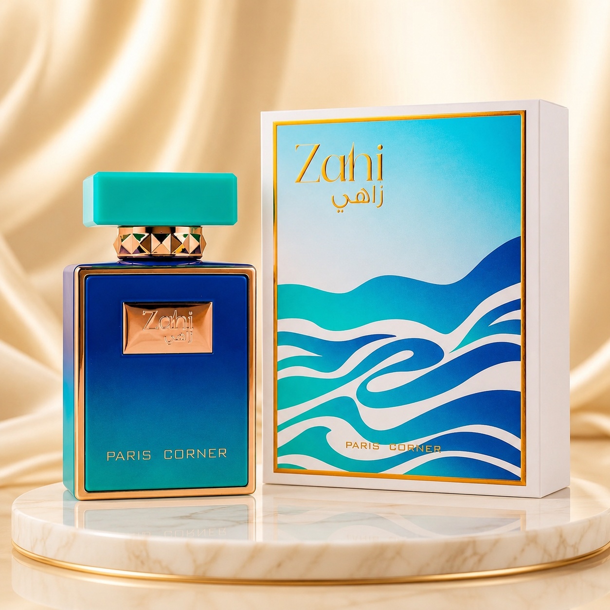 Parfum Arăbesc Zahi Paris Corner 85 ml Apă de Parfum Damă cu sticlă albastru turcoaz și cutie premium