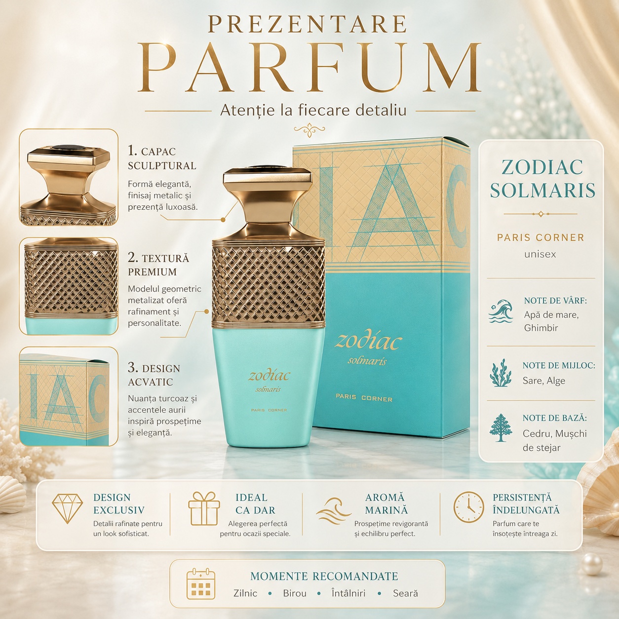 Zodiac Solmaris Paris Corner prezentare premium cu detalii capac textură design acvatic și note olfactive