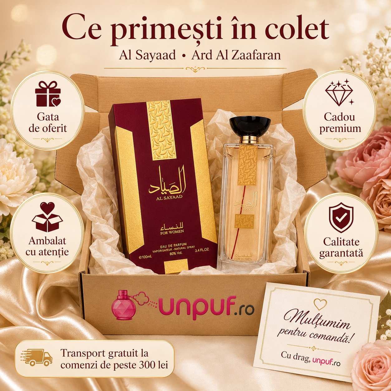 Ce primești &icirc;n colet Al Sayaad Women Ard Al Zaafaran 100 ml parfum de damă ambalat cu atenție pentru cadou premium