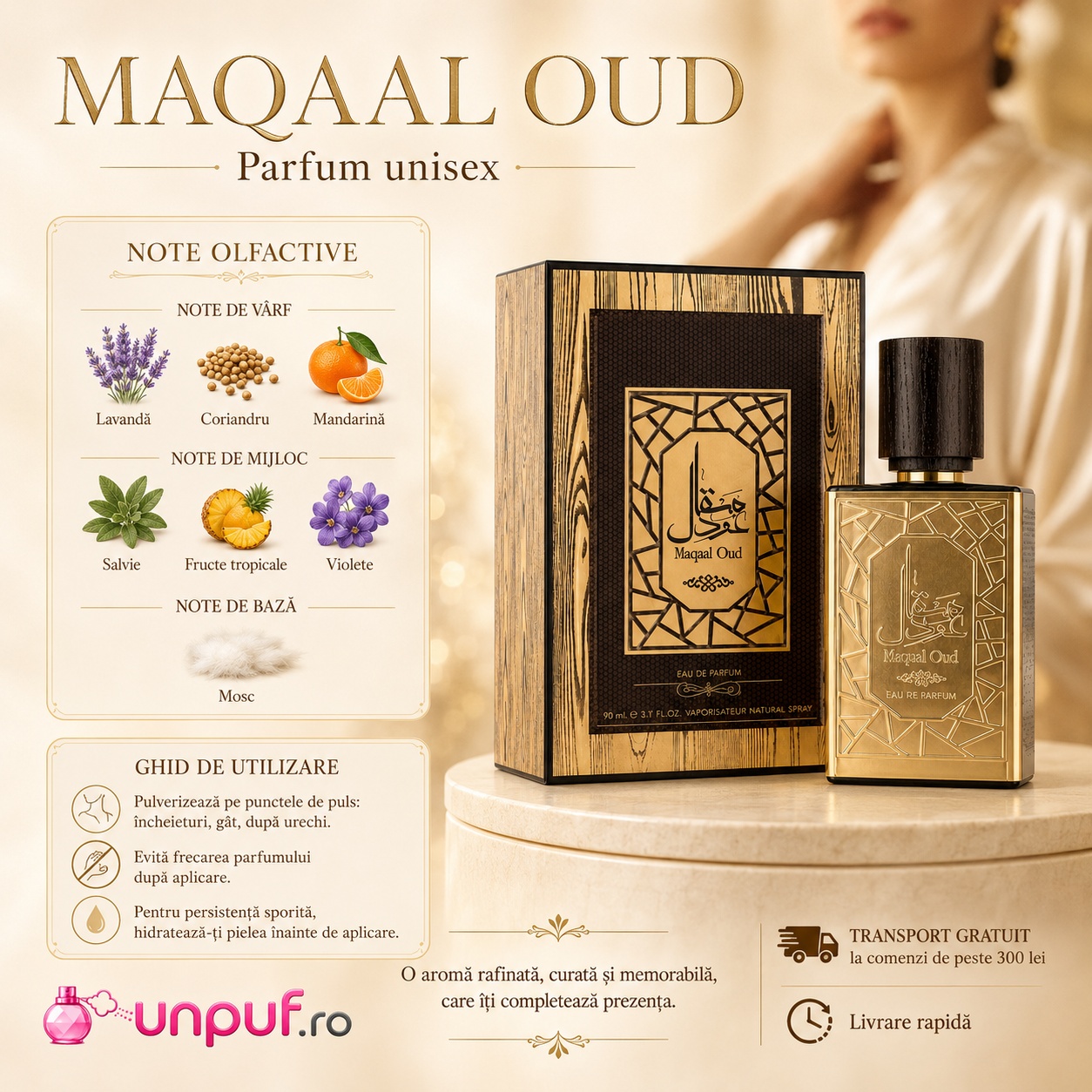 Maqaal Oud parfum unisex cu note de lavandă, coriandru, mandarină, salvie, fructe tropicale, violete și mosc