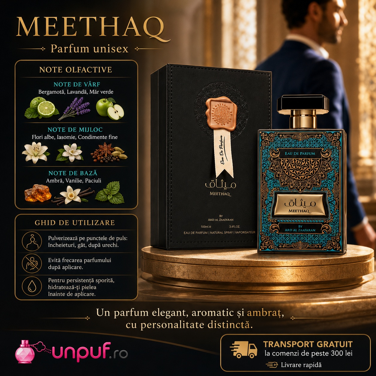 Meethaq Ard Al Zaafaran parfum arăbesc cu profil oriental condimentat, vanilat și rafinat