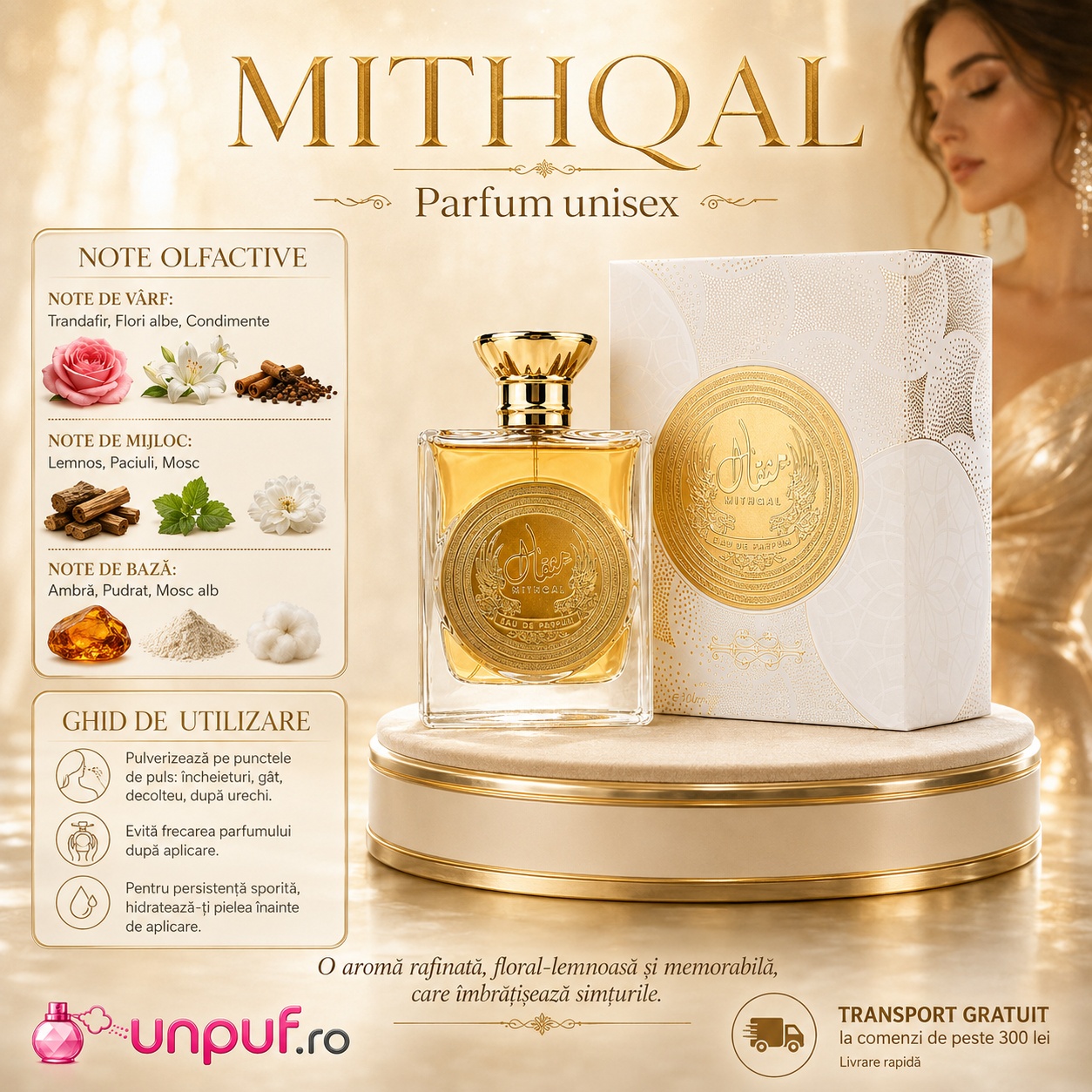 Mithqal Ard Al Zaafaran parfum unisex cu trandafir, flori albe, condimente, lemnos, paciuli, mosc, ambră și note pudrate