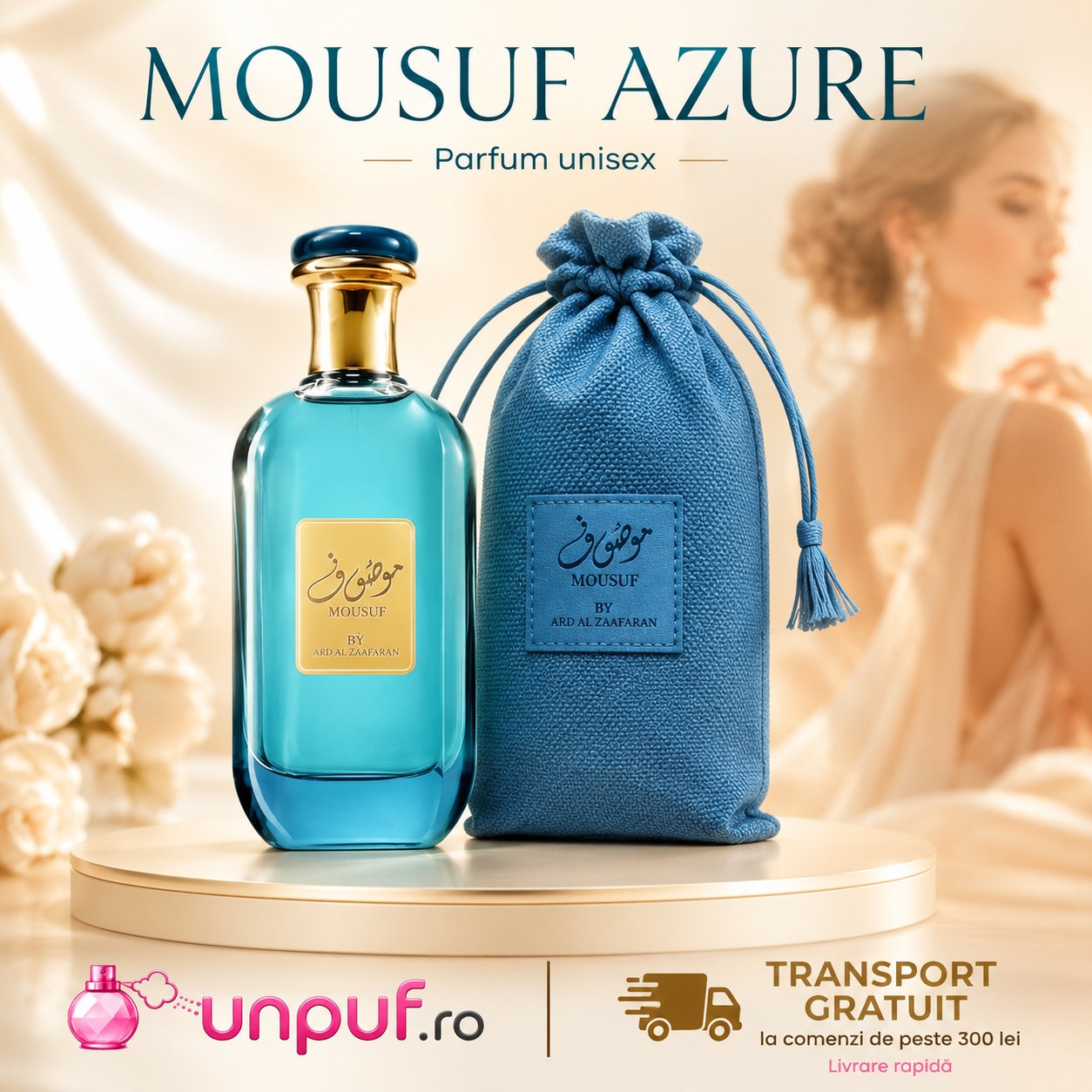 Mousuf Azure Ard Al Zaafaran parfum unisex cu sticlă albastră, husă premium și transport gratuit UnPuf