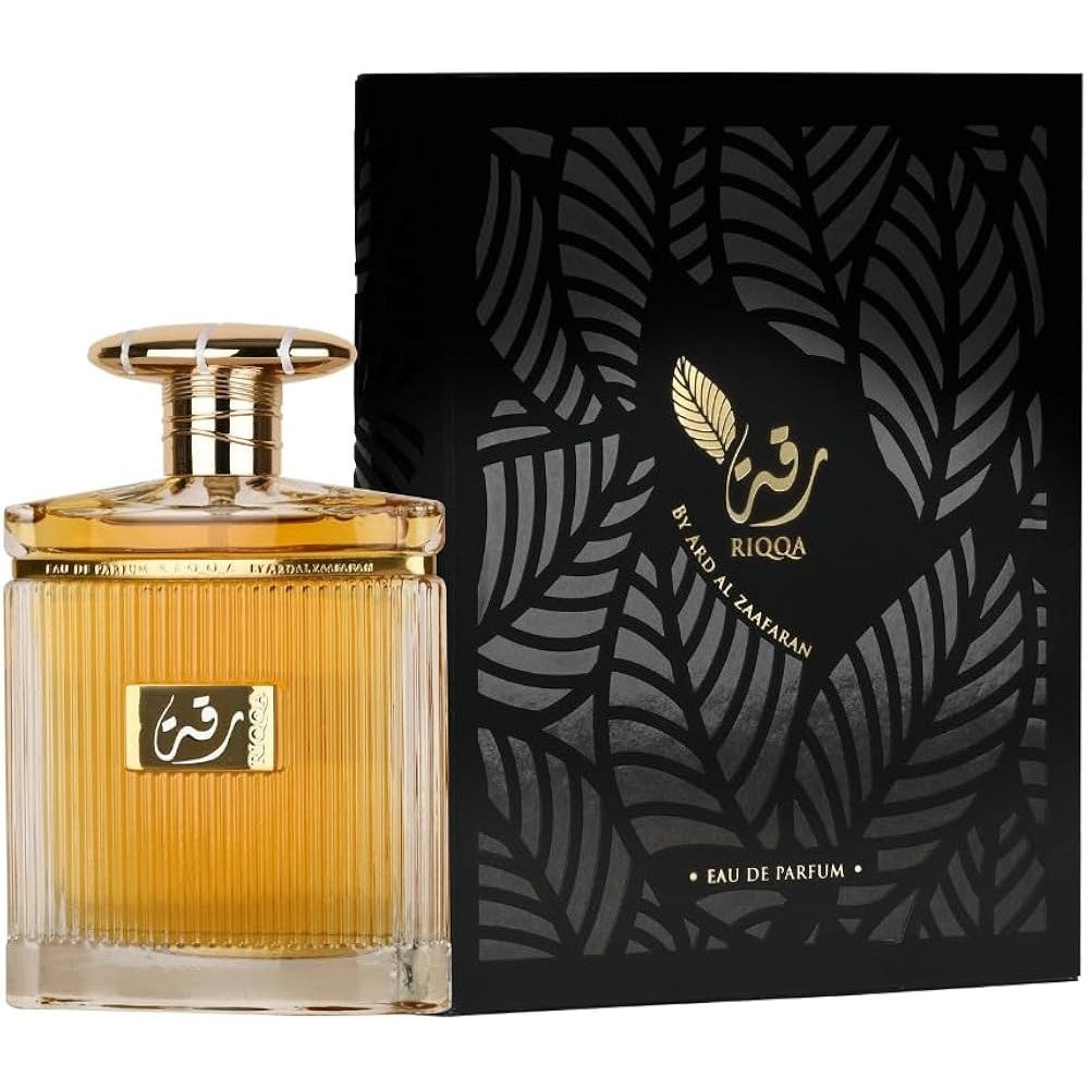 Cutie originală Riqqa Ard Al Zaafaran 100 ml și flacon parfum arăbesc unisex cu lichid auriu
