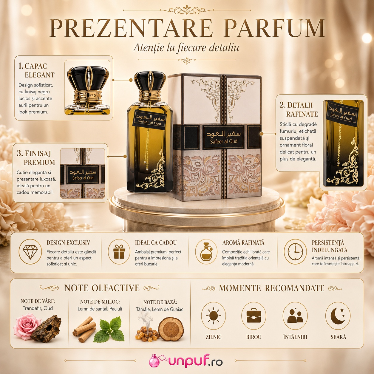 Prezentare parfum Ard Al Zaafaran Safeer Al Oud cu capac elegant, detalii rafinate, finisaj premium și note olfactive