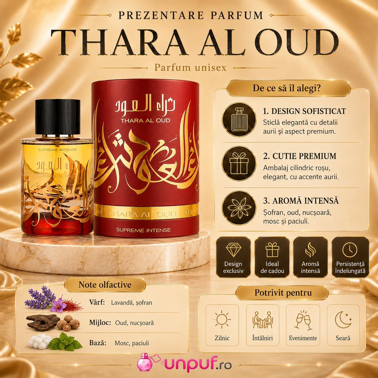 Prezentare Parfum Arăbesc Thara Al Oud Supreme Intense cu note de lavandă, șofran, oud, nucșoară, mosc și paciuli