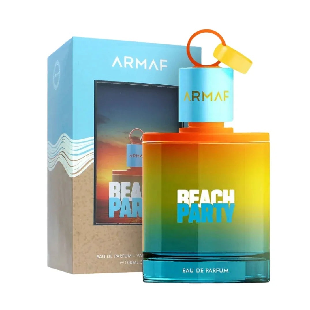 Cutie originală Armaf Beach Party 100 ml și flacon parfum unisex cu design portocaliu turcoaz