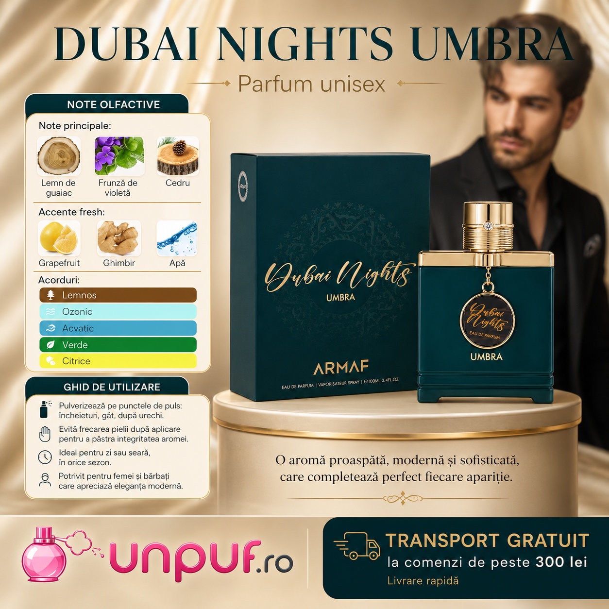 Dubai Nights Midnight Umbra parfum cu note de lemn de guaiac, frunză de violetă, cedru, grapefruit, ghimbir, apă și acorduri acvatice verzi