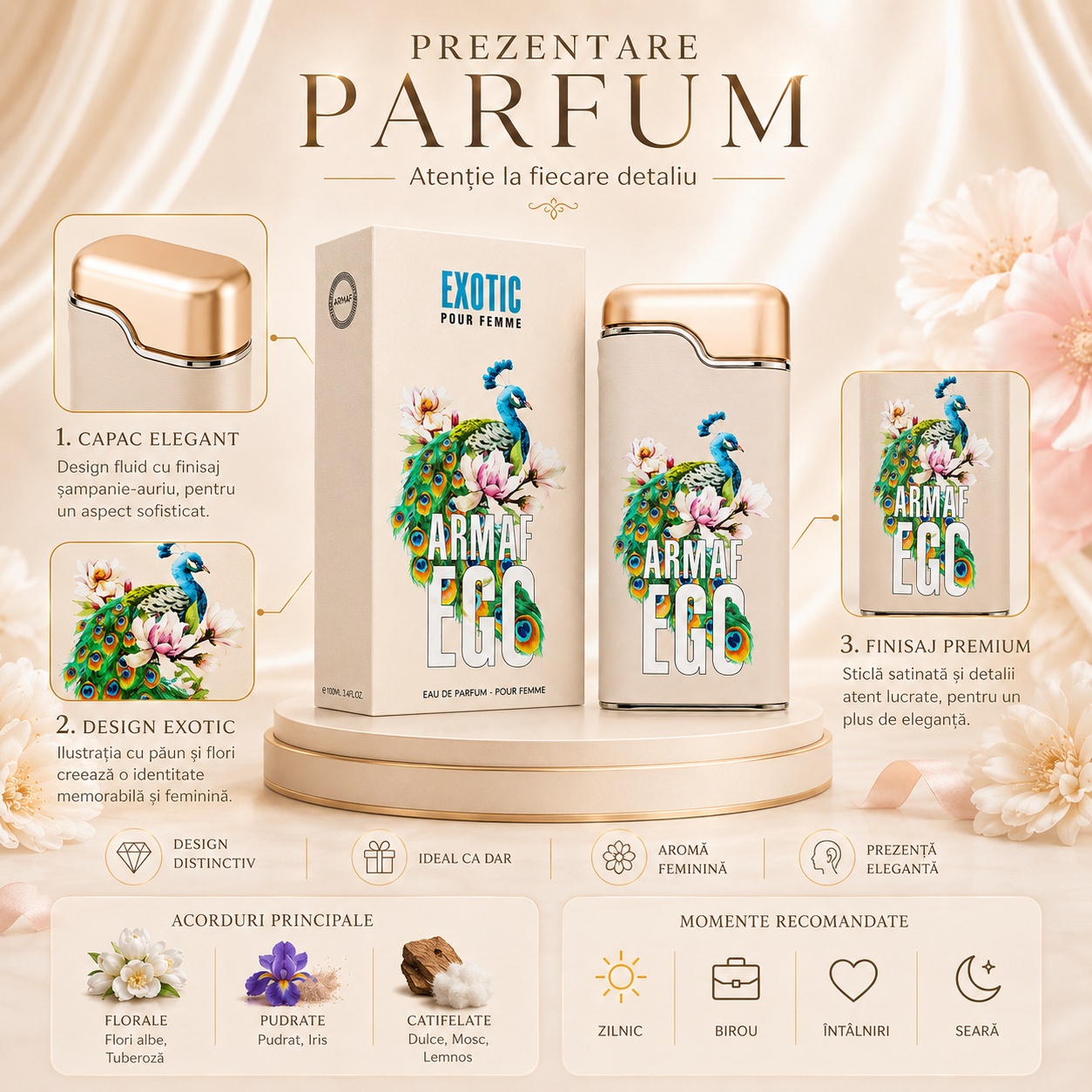 Prezentare parfum Armaf Ego Exotic cu flacon, cutie premium, acorduri principale și momente recomandate