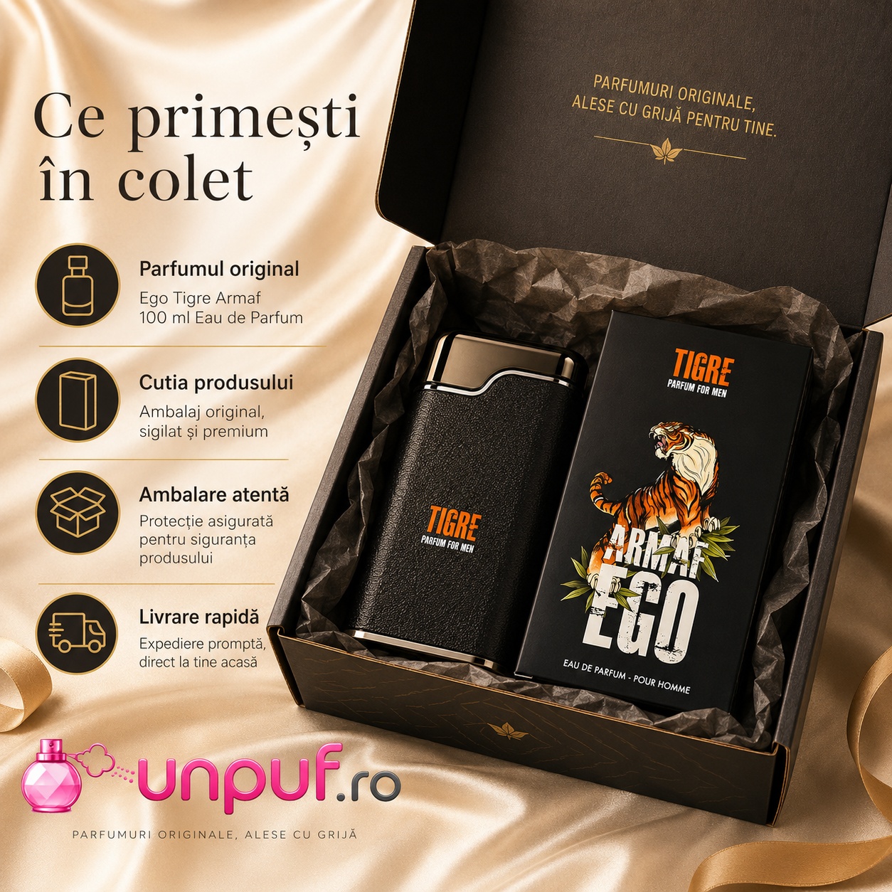 Ce primești &icirc;n colet Armaf Ego Tigre 100 ml parfum original, cutie premium și ambalare atentă