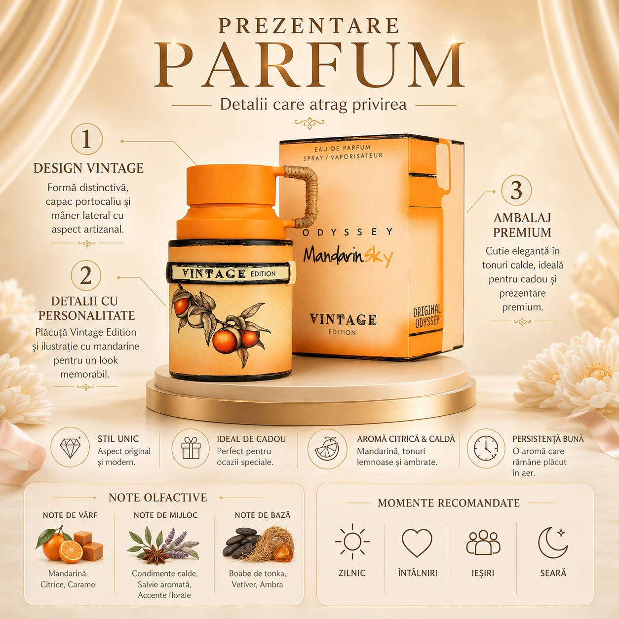 Prezentare Armaf Odyssey Mandarin Sky Vintage cu note de mandarină, citrice, caramel, condimente calde, salvie, vetiver, boabe de tonka și ambră
